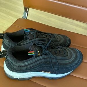 Air max 97 with a rainbow tag and goldddd